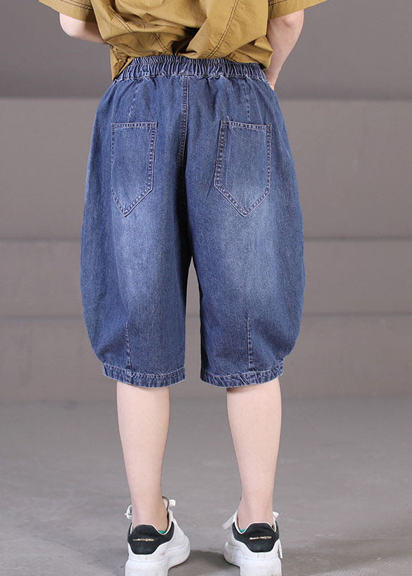 Classy Blue Elastic Waist Tie Waist Pockets Patchwork Cotton Denim Shorts