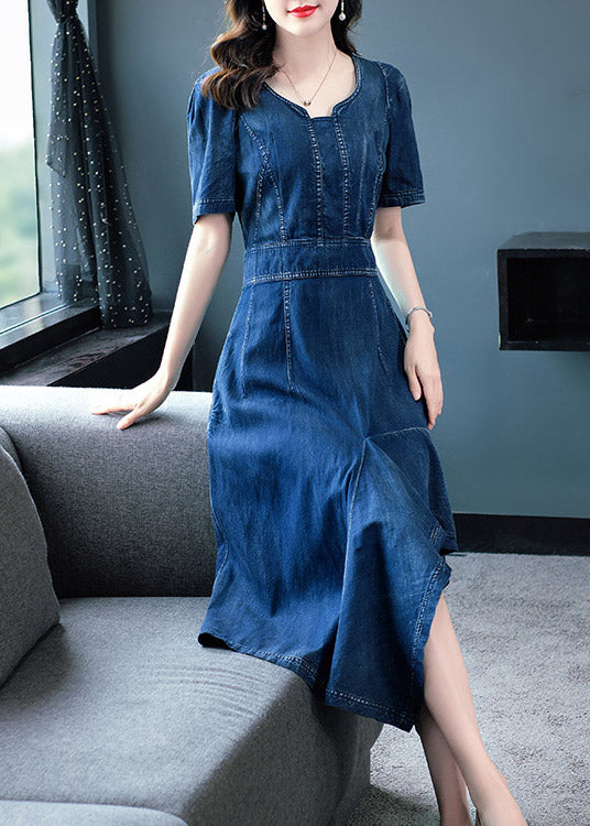 Classy Blue O-Neck Asymmetrical Patchwork Solid Cotton Holiday Denim Maxi Dress Short Sleeve