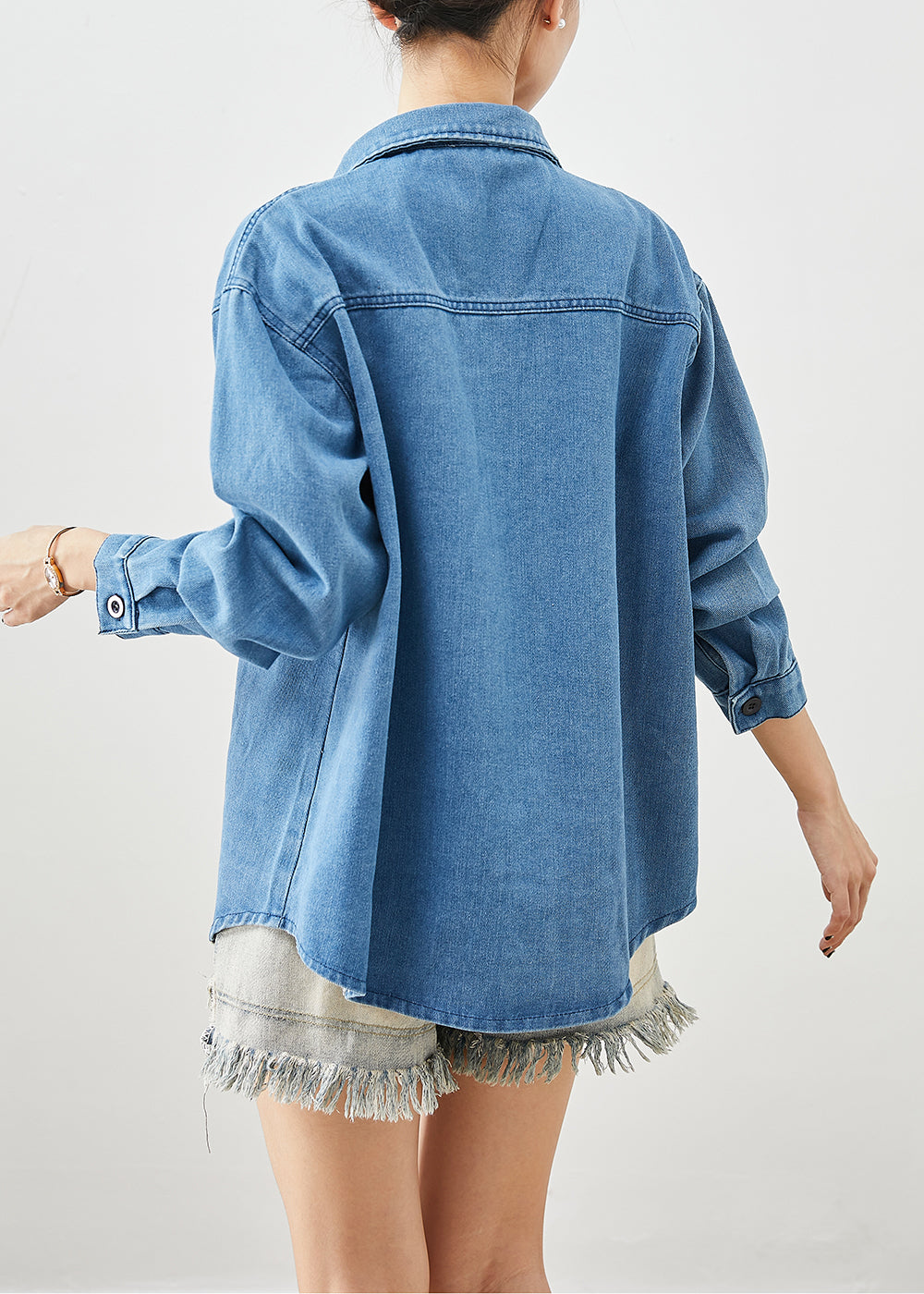 Classy Blue Oversized Pocket Denim Shirt Fall