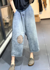 Classy Blue Patchwork High Waist Denim Crop Pants