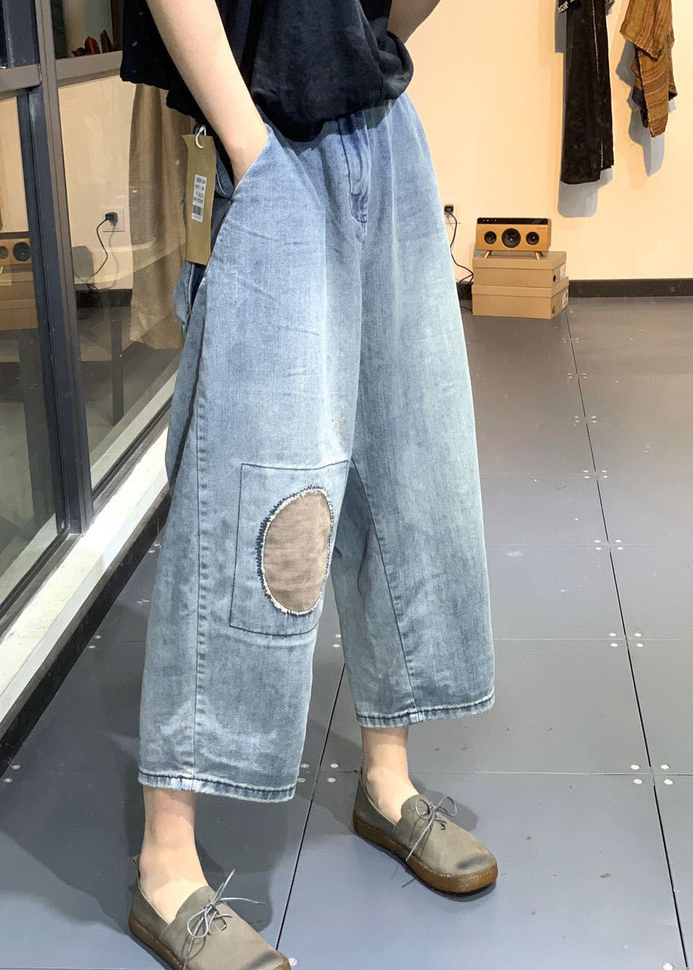 Classy Blue Patchwork High Waist Denim Crop Pants