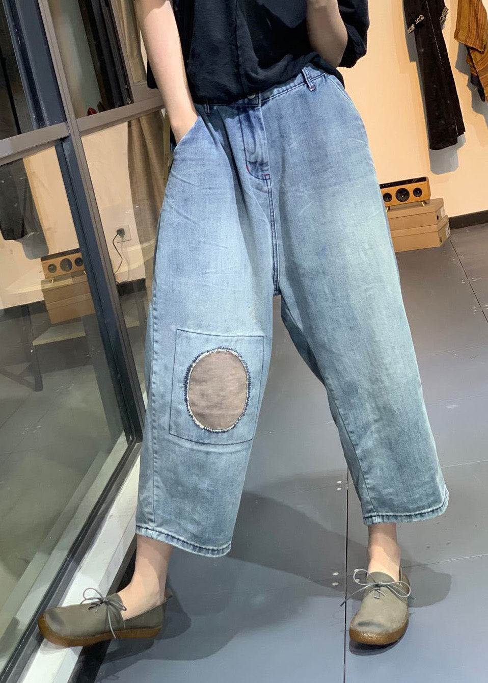 Classy Blue Patchwork High Waist Denim Crop Pants