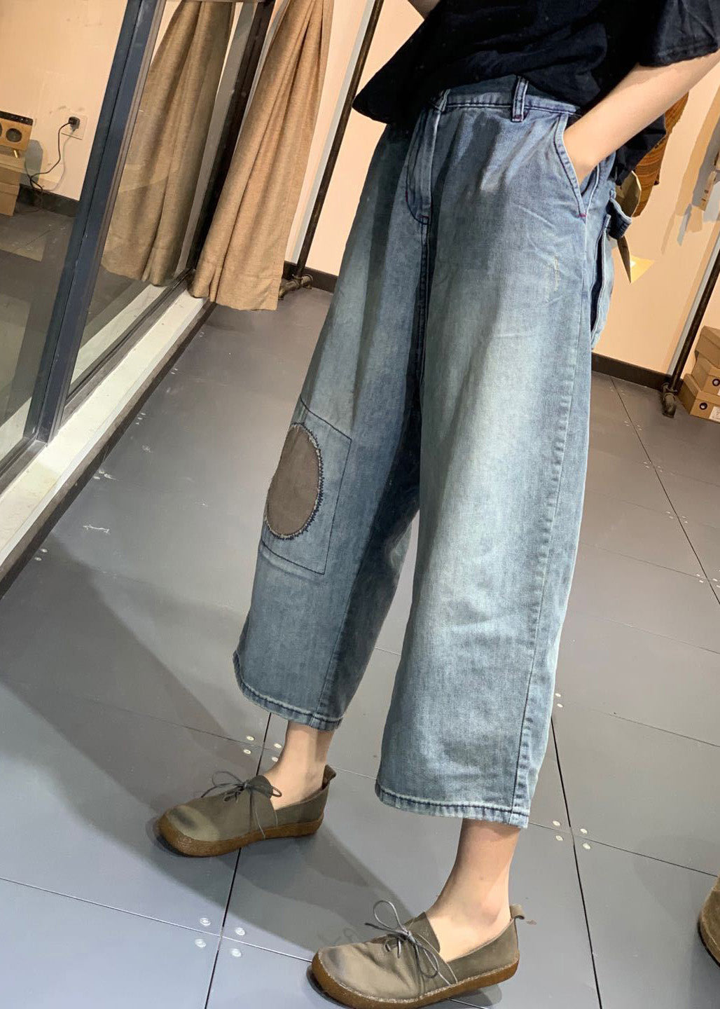 Classy Blue Patchwork High Waist Denim Crop Pants