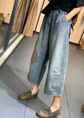 Classy Blue Patchwork High Waist Denim Crop Pants