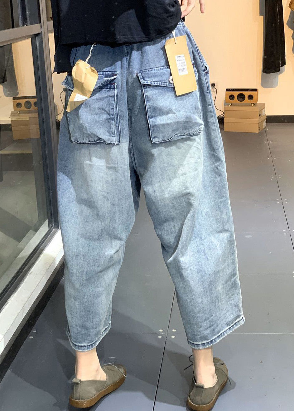 Classy Blue Patchwork High Waist Denim Crop Pants