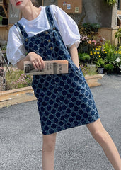 Classy Blue Print Patchwork Button Denim Mid Dress