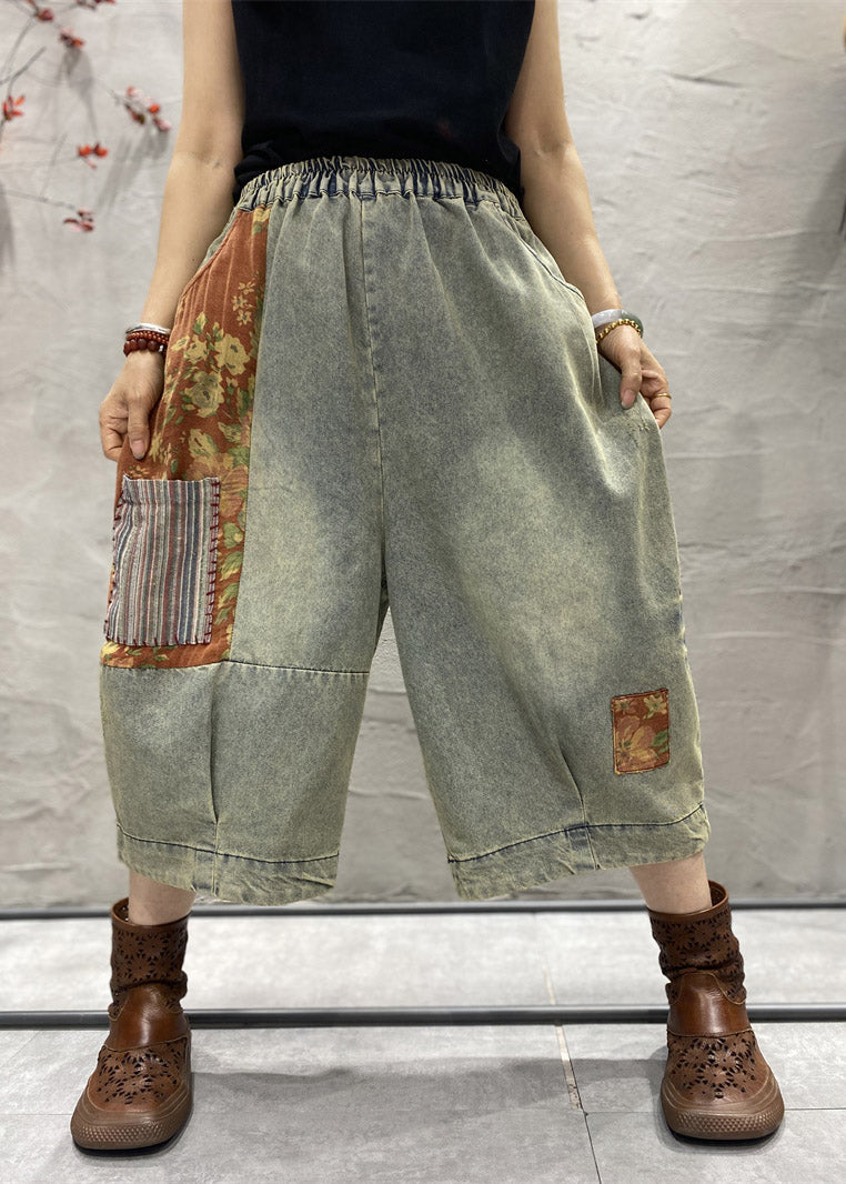 Classy Blue Print Patchwork Wide Leg Denim Pants