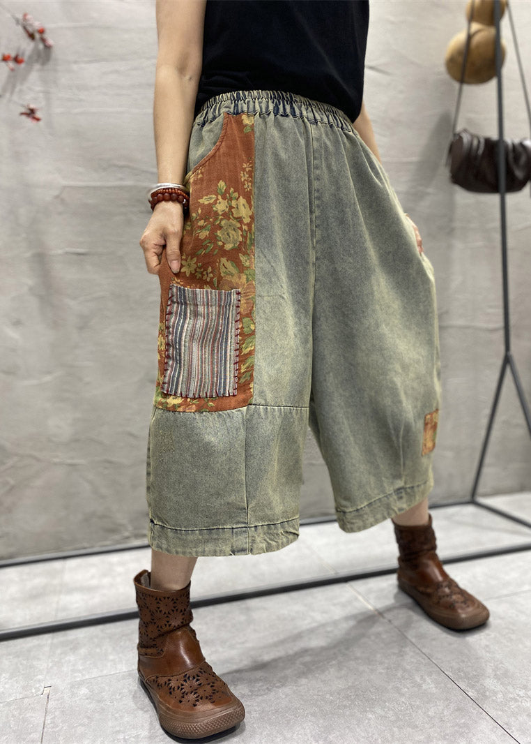 Classy Blue Print Patchwork Wide Leg Denim Pants