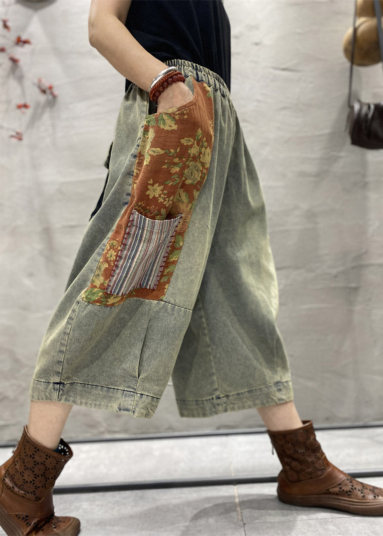 Classy Blue Print Patchwork Wide Leg Denim Pants