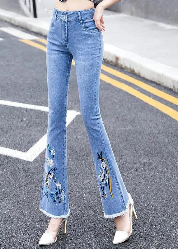 Classy Blue Slim Fit High Waist Embroideried Cotton Denim Flare Pants