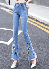 Classy Blue Slim Fit High Waist Embroideried Cotton Denim Flare Pants