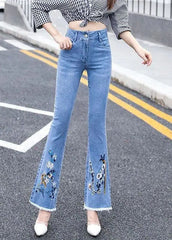 Classy Blue Slim Fit High Waist Embroideried Cotton Denim Flare Pants