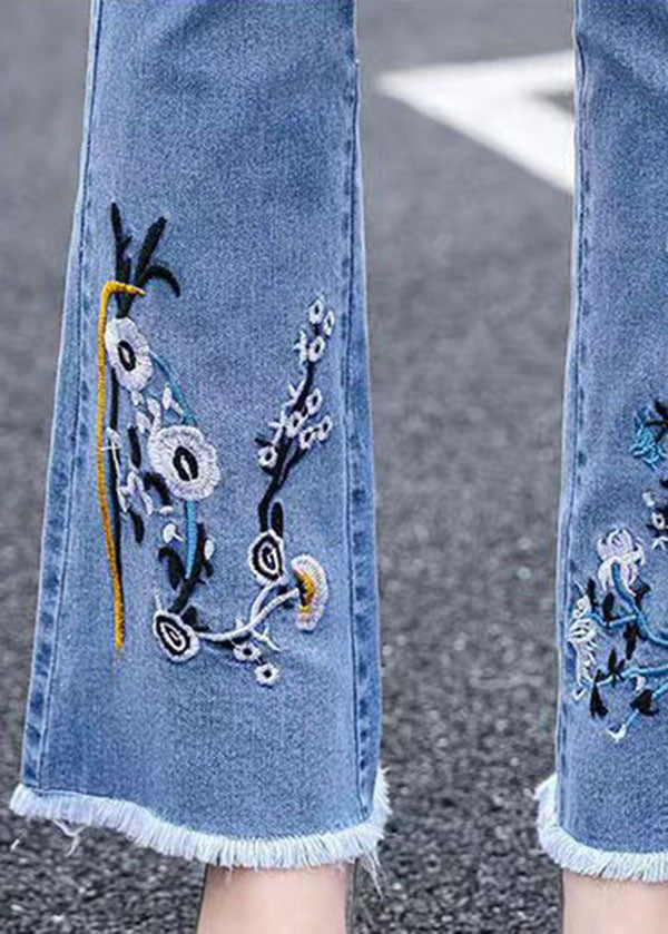 Classy Blue Slim Fit High Waist Embroideried Cotton Denim Flare Pants