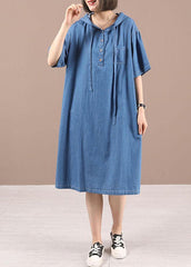 Classy Blue hooded Button Denim Dress