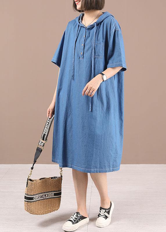 Classy Blue hooded Button Denim Dress