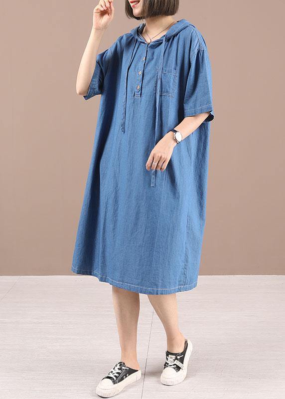 Classy Blue hooded Button Denim Dress