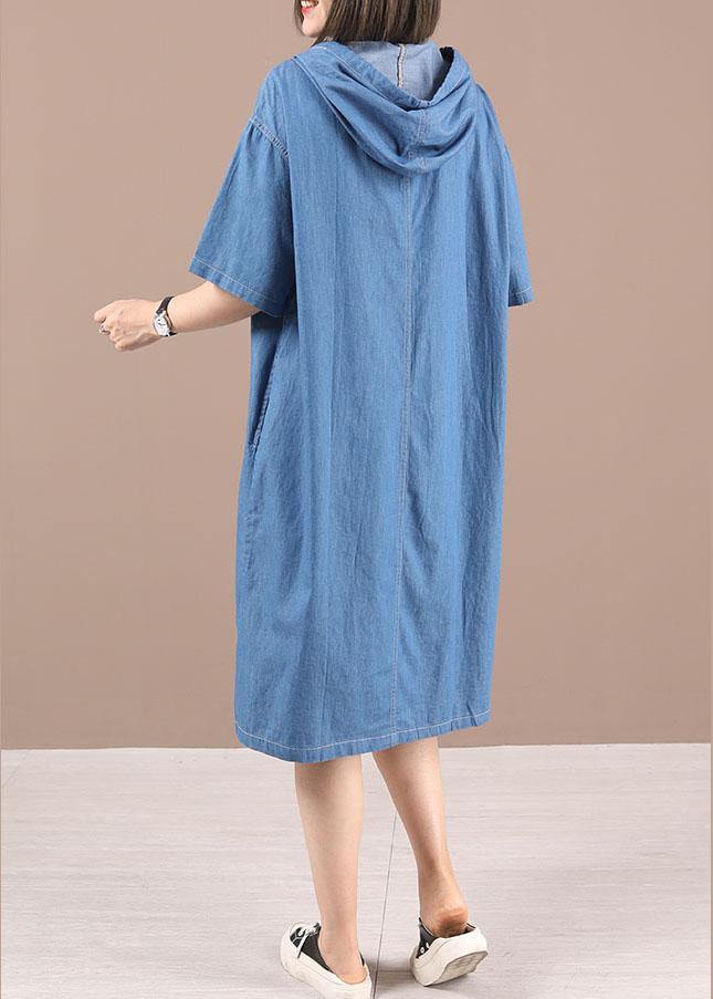 Classy Blue hooded Button Denim Dress