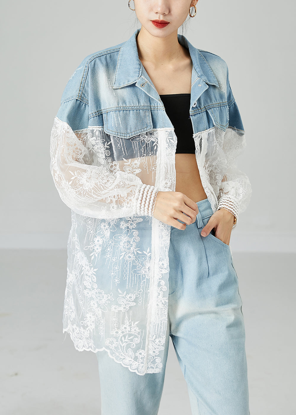 Classy Colorblock Embroideried Patchwork Hollow Out Denim Coat Outwear