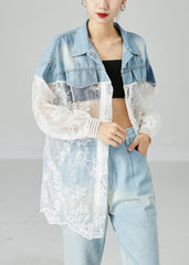 Classy Colorblock Embroideried Patchwork Hollow Out Denim Coat Outwear
