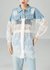 Classy Colorblock Embroideried Patchwork Hollow Out Denim Coat Outwear