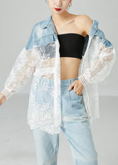 Classy Colorblock Embroideried Patchwork Hollow Out Denim Coat Outwear