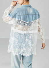Classy Colorblock Embroideried Patchwork Hollow Out Denim Coat Outwear