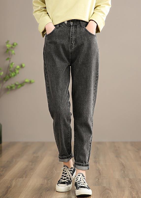 Classy Denim Black Pants Elastic Waist Photography Wild Trousers