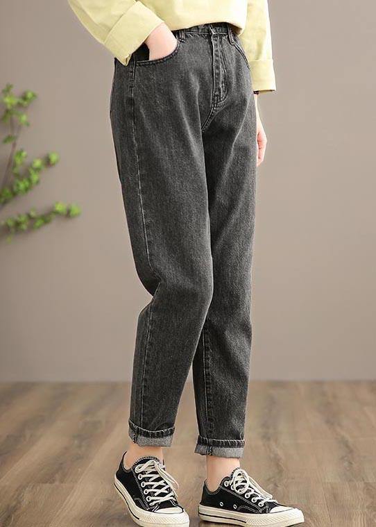 Classy Denim Black Pants Elastic Waist Photography Wild Trousers