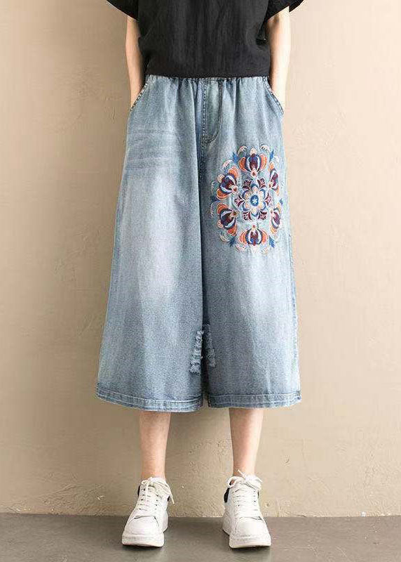 Classy Denim Blue Elastic Waist Hole Embroideried Pockets Cotton Wide Leg Pants