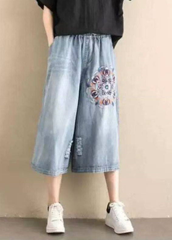 Classy Denim Blue Elastic Waist Hole Embroideried Pockets Cotton Wide Leg Pants