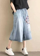 Classy Denim Blue Elastic Waist Hole Embroideried Pockets Cotton Wide Leg Pants