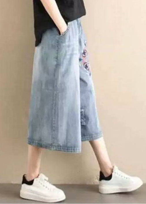 Classy Denim Blue Elastic Waist Hole Embroideried Pockets Cotton Wide Leg Pants