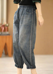 Classy Denim Blue Elastic Waist Pockets Cotton Crop Pants