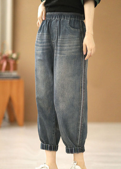 Classy Denim Blue Elastic Waist Pockets Cotton Crop Pants