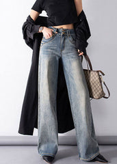 Classy Denim Blue High Waist Pockets Draping Cotton Straight Pants