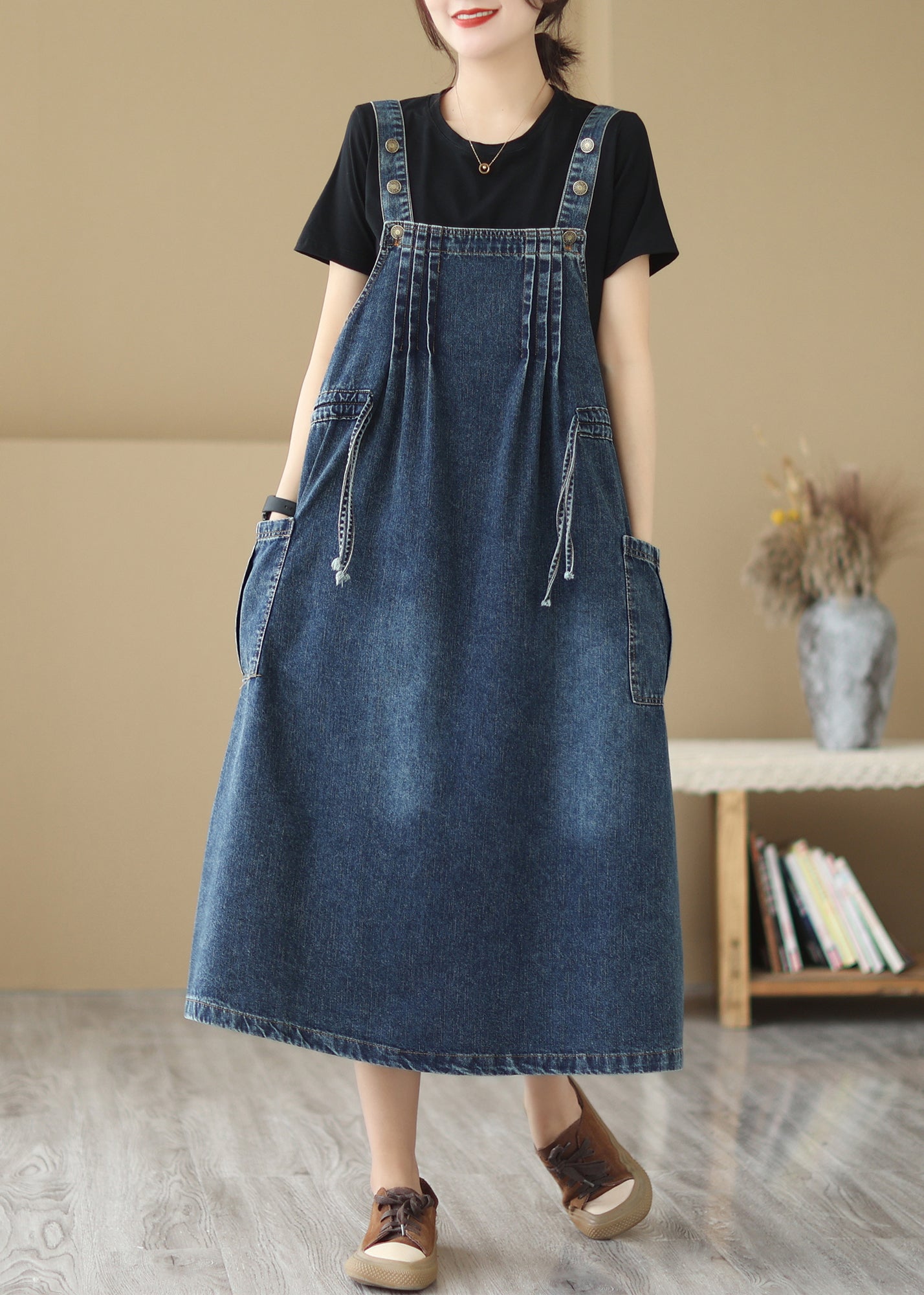 Classy Denim Blue Oversized Wrinkled Wrinkled Strap Dresses