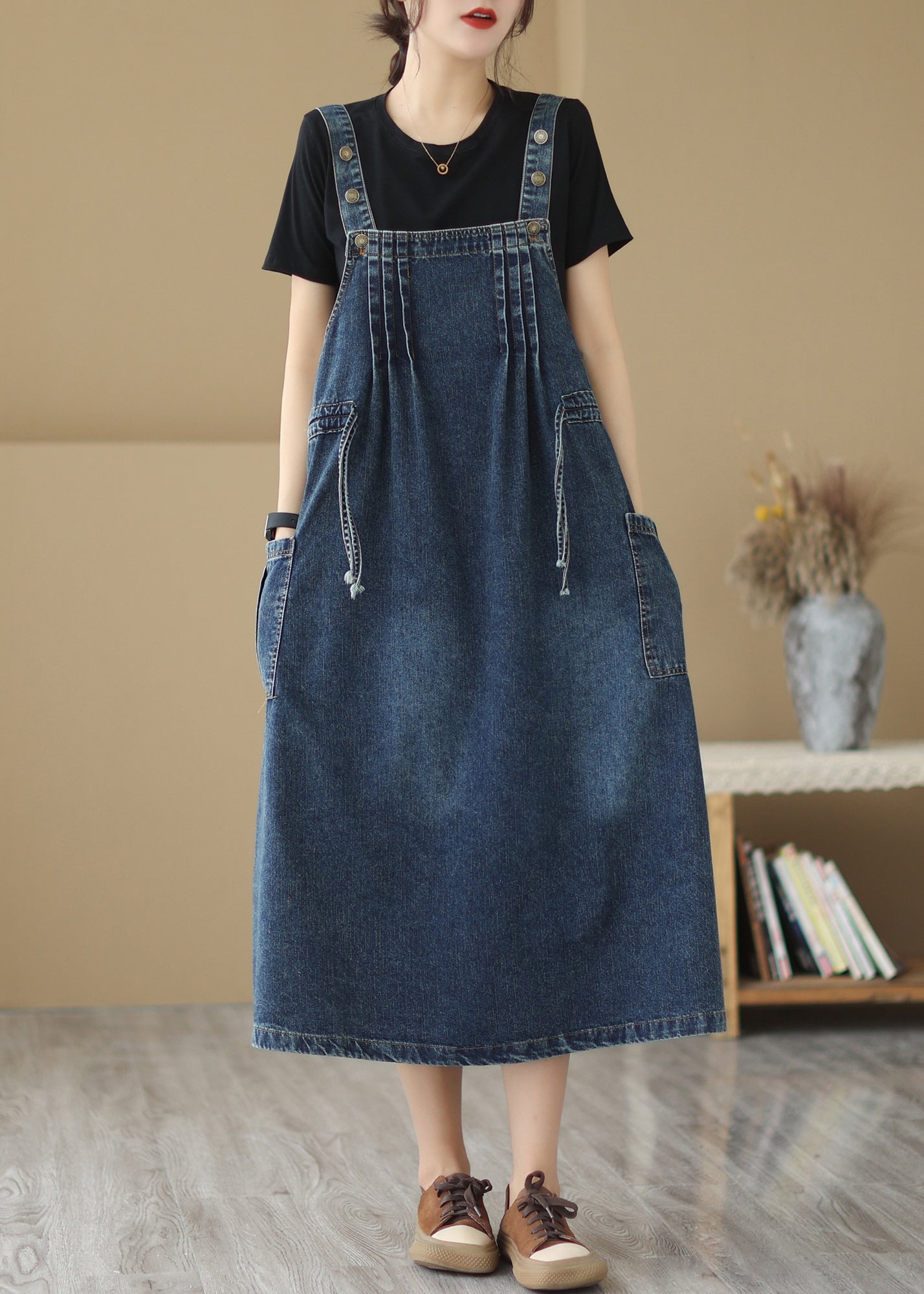 Classy Denim Blue Oversized Wrinkled Wrinkled Strap Dresses