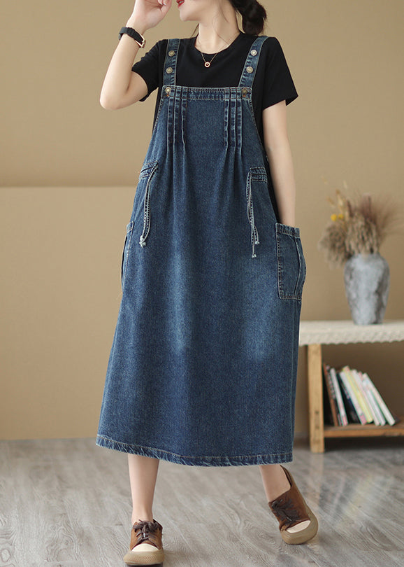 Classy Denim Blue Oversized Wrinkled Wrinkled Strap Dresses