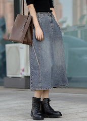 Classy Denim Blue Patchwork Elastic Waist A Line Skirt