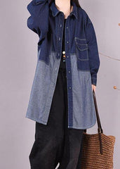 Classy Lapel Patchwork Crane Tops Sleeve Denim Dark Blue Blouses