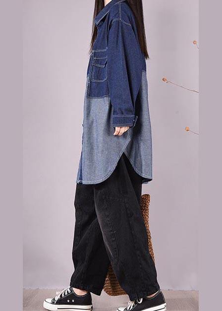 Classy Lapel Patchwork Crane Tops Sleeve Denim Dark Blue Blouses