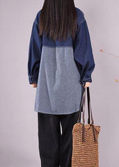 Classy Lapel Patchwork Crane Tops Sleeve Denim Dark Blue Blouses