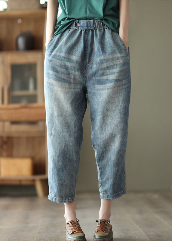 Classy Light Blue Elastic Waist Pockets Cotton Denim Crop Pants