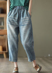 Classy Light Blue Elastic Waist Pockets Cotton Denim Crop Pants