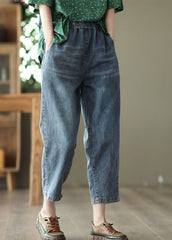 Classy Light Blue Elastic Waist Pockets Cotton Denim Crop Pants