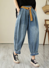 Classy Light Blue Oversized Wrinkled Denim Harem Pants