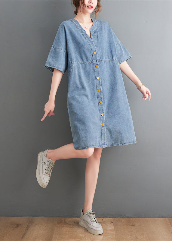 Classy Light Blue V Neck Oversized Denim Dress