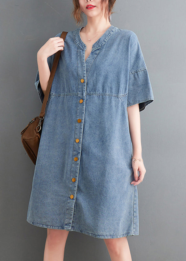 Classy Light Blue V Neck Oversized Denim Dress