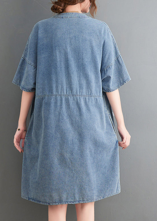 Classy Light Blue V Neck Oversized Denim Dress