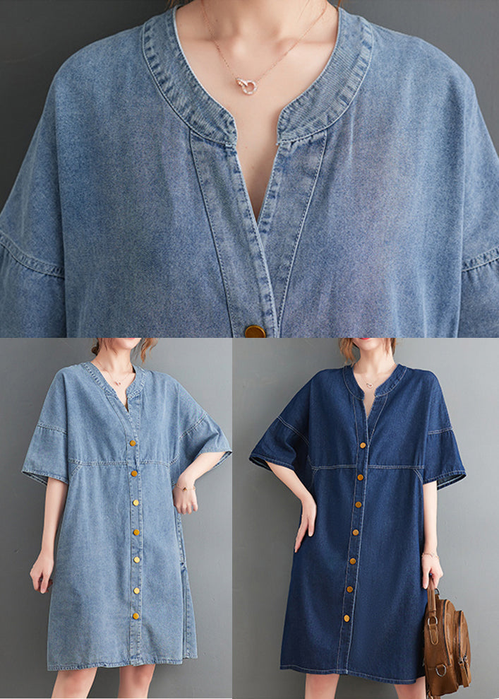 Classy Light Blue V Neck Oversized Denim Dress